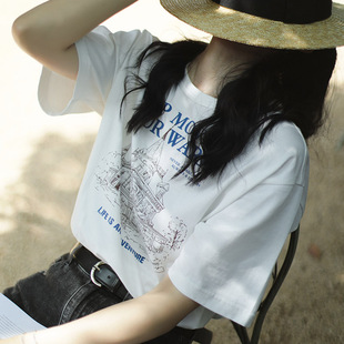 休闲韩国小众半袖 宽松圆领纯棉复古印花短袖 薄款 白T恤 上衣夏 夏季
