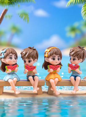 微景观创意夏日吃瓜情侣公仔娃屋 DIY装饰品迷你车载桌面树脂摆件