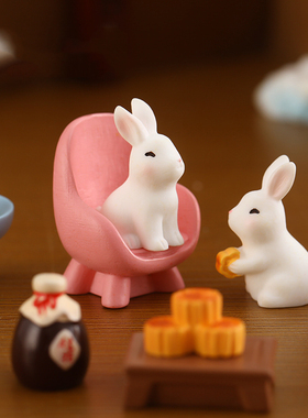 微景观简约现代树脂工艺品可爱卡通动物小兔子玉兔中秋月饼摆件