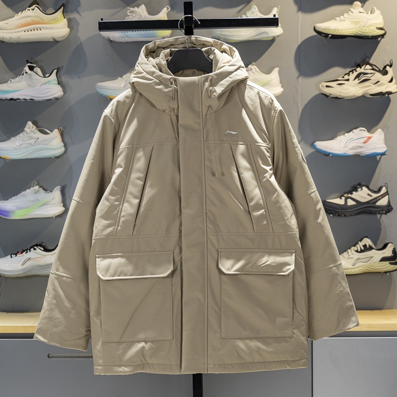 李宁保暖连帽中长款男子羽绒服