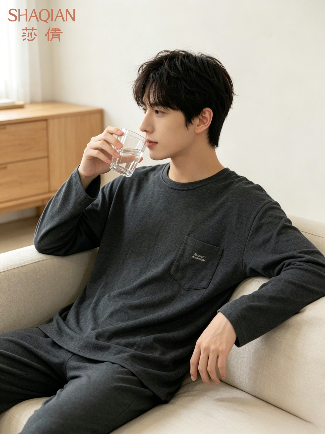 2026年莎倩新款男士家居服春秋长袖圆领套装棉混纺宽松大码男睡衣