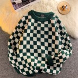 1404-1-705-P55男女秋冬款日系圆领休闲时尚格子毛衣，男装卫衣，星座1404-3