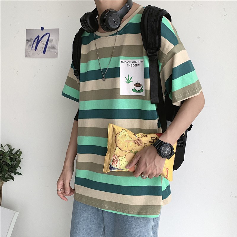 1404-1-T095-p男装新款女港风短袖棉麻夏季t恤条纹C图片