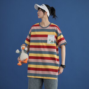 714-1-T095男装新款女中性风短袖棉麻夏季t恤条纹款图片