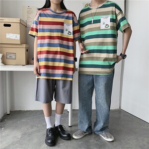 1404-3-T095-p35男装新款女港风情侣t恤夏季条纹体恤情侣K图片