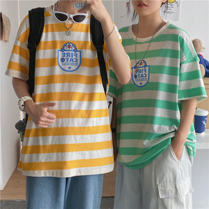 714-1-T093男女情侣新款港风短袖夏季条纹印花t恤h图片