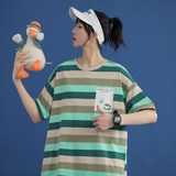 1404-1-T095-p男装新款女中性风短袖棉麻夏季t恤条纹，男装T恤，星座1404-3