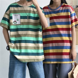 1404-3-T095-p35男装新款女港风情侣t恤夏季条纹体恤情侣K图片