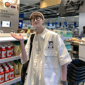 714-1-C16 新款港风印花棉短袖 男女衬衫休闲潮宽松衬衣图片