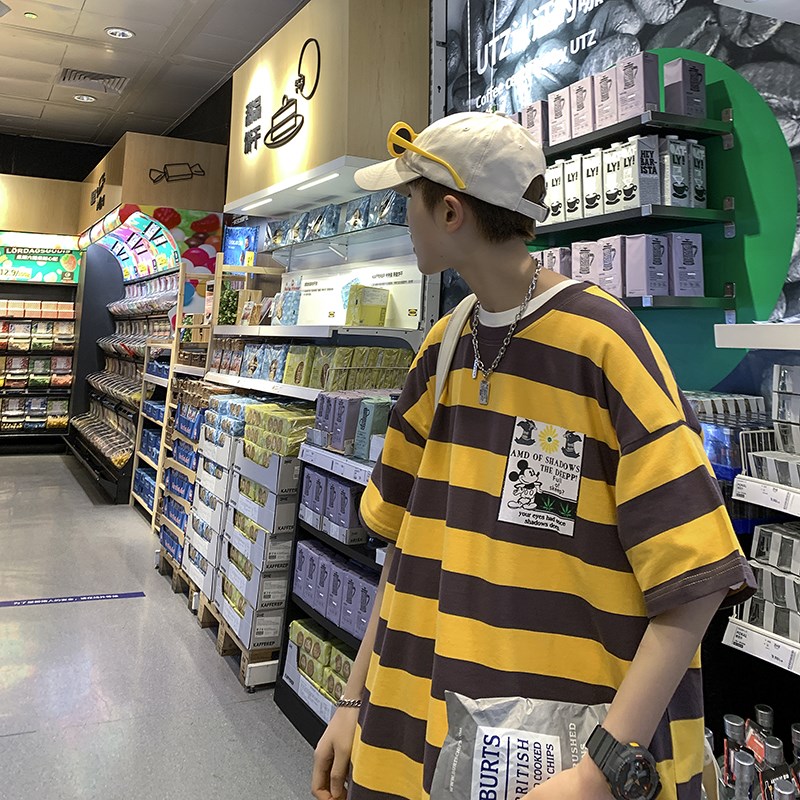 714-1-T097男女款新款港风短袖纯棉夏天t恤情侣上衣圆领港图片