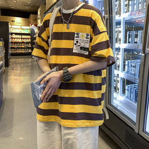 714-2-T097-p35男女款新款港风条纹短袖纯棉夏季t恤情侣上衣圆领H图片