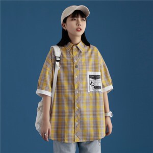 714-1-C27 新款中性风棉短袖印花男女衬衫宽松衬衣图片