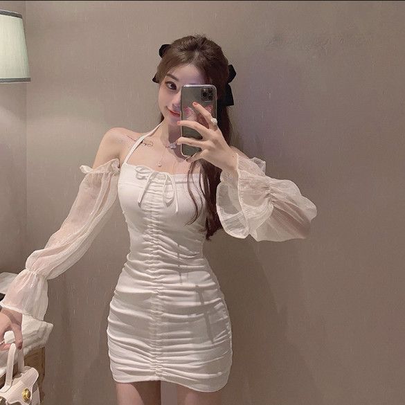 挂脖吊带白色连衣裙女早