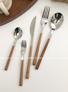 日韩ins仿木柄不锈钢刀叉餐具高颜值甜品叉雪糕勺意面叉创意汤勺