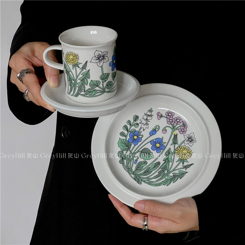 法式花朵陶瓷杯高颜值咖啡杯牛奶杯好看甜品点心盘高级ins早餐盘