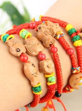 桃木手链招财貔貅虎头铃铛梅花原木手串男女款式儿童宝宝红绳护身