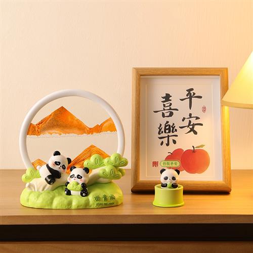 家居装饰熊猫流沙画摆台客厅办公桌面装饰摆饰卡通治愈3D立体图片
