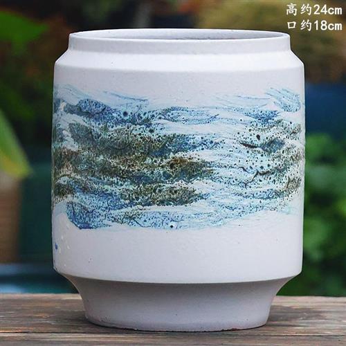 山水画高老桩粗陶透气老桩高筒中国风陶罐多肉植物陶土法师花盆