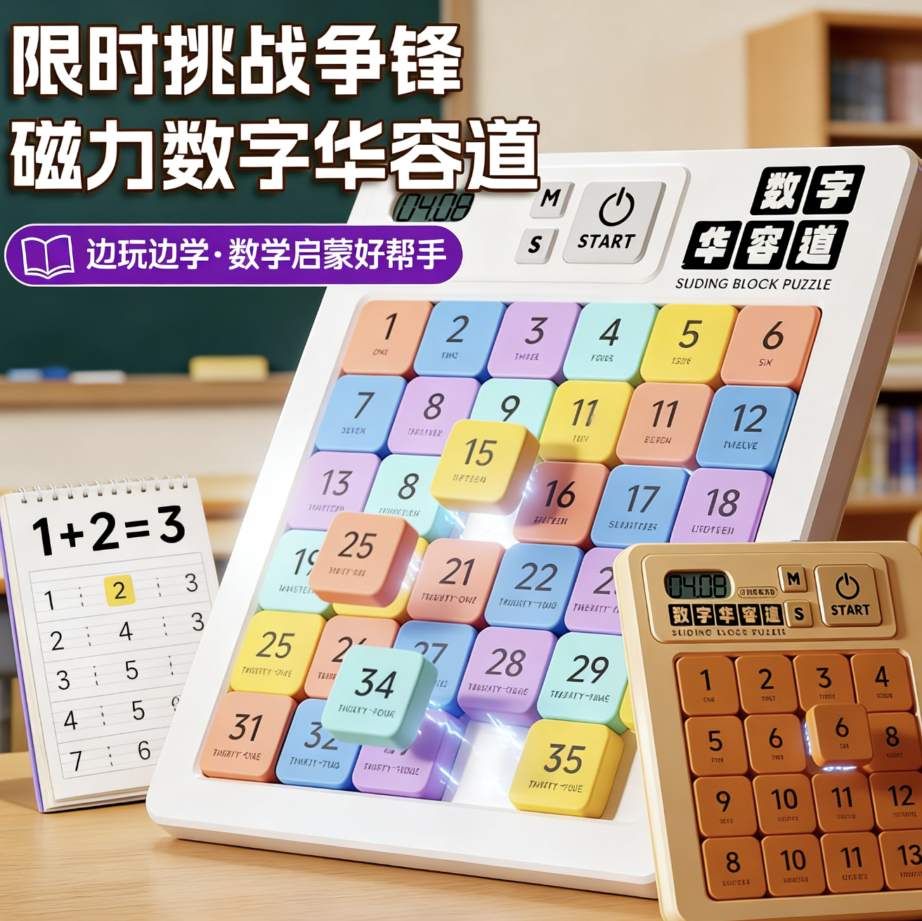 磁力数字华容道可计时器滑动拼图