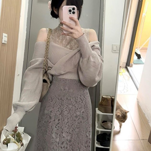 纯欲针织衫 甜美蕾丝领显瘦落肩袖 假两件毛衣鱼尾长裙 法式 日系套装