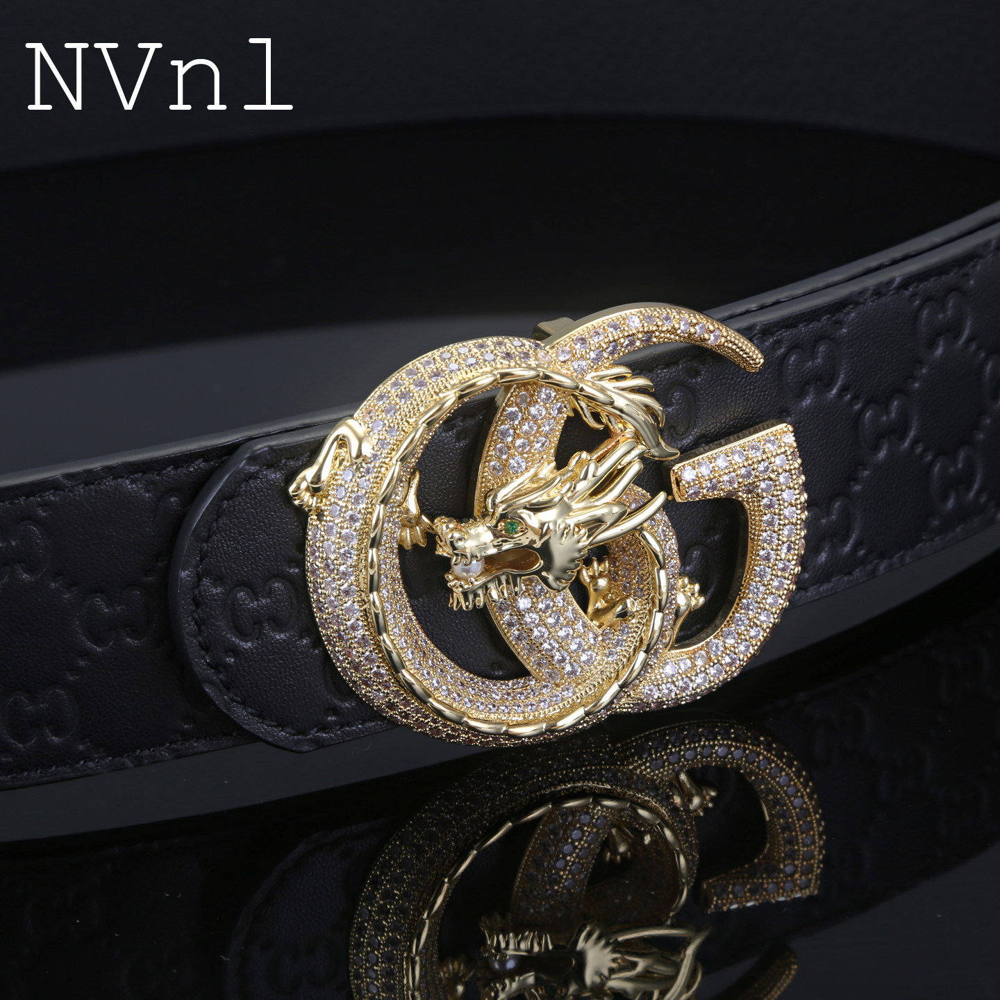 高档男士真皮腰带镶钻双G龙实心铜平滑扣头层牛皮皮带送生日礼物