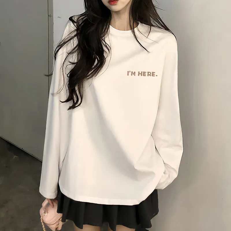 100%纯棉长袖t恤女2025春秋季新款韩版宽松学生圆领打底衫ins