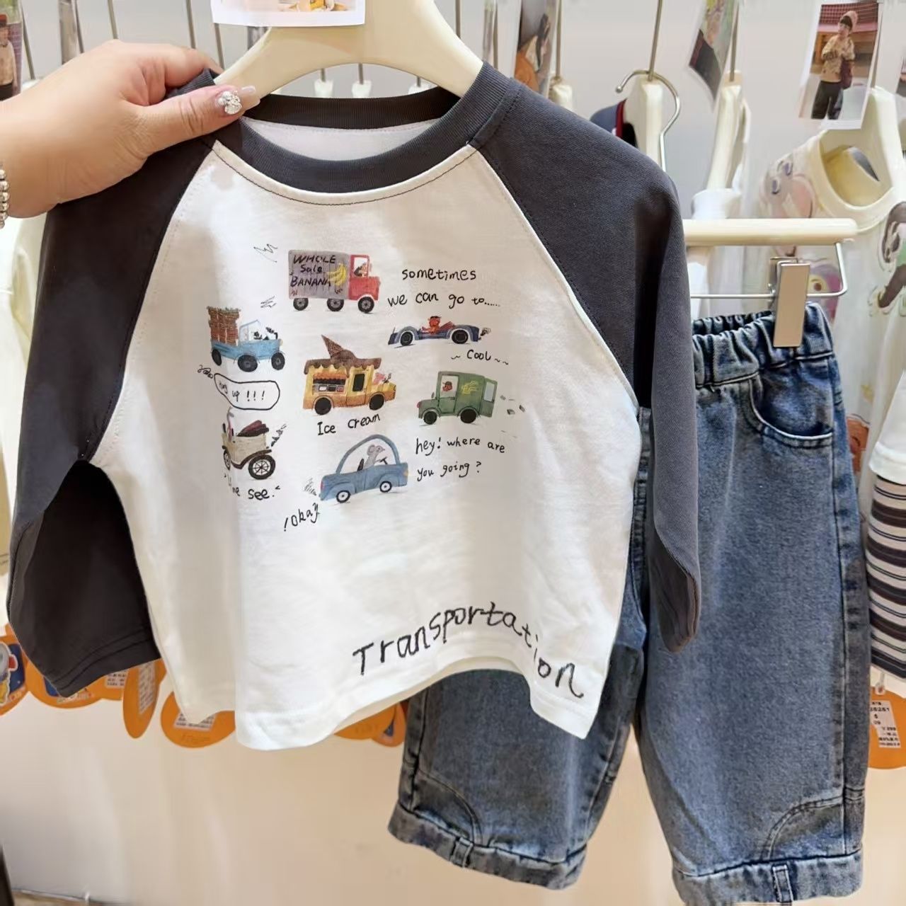 儿童卡通汽车打底衫秋装新款男童宝宝可爱洋气插肩袖t恤拼色上衣