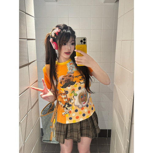 亚文化yk2辣妹圆领正肩T恤女短袖