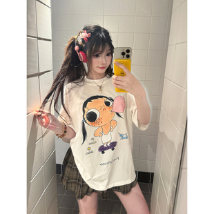 SIXMINU 童趣趣味小玉印花短袖女夏宽松落肩纯棉T恤休闲透气上衣t