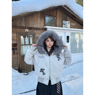 SIXMINU 街头十字架贴标棉袄外套男女毛领棉服豹纹棉衣保暖女 美式