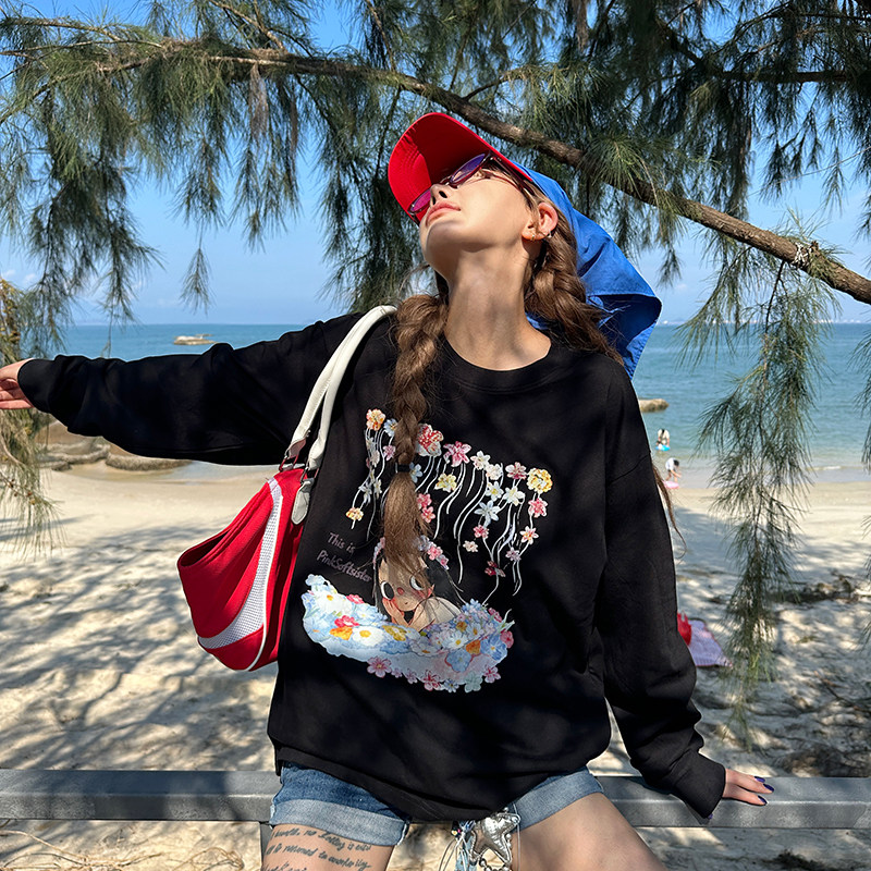 小玉印花圆领长袖T恤女松弛t恤女