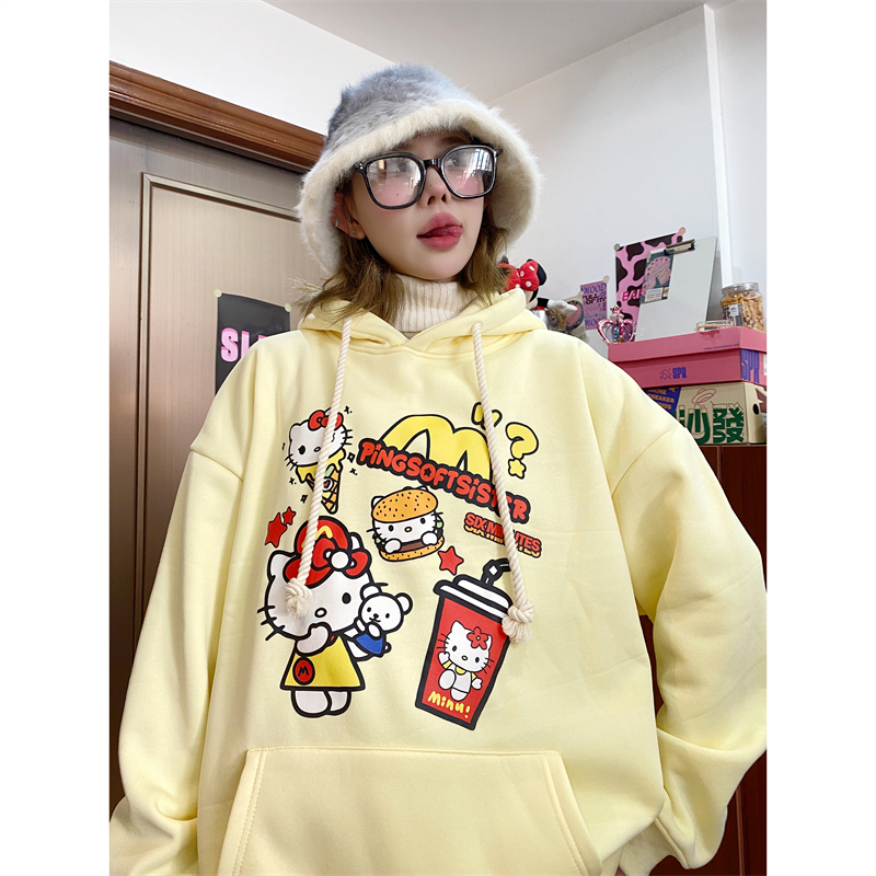 卡通加绒宽松棉街头连帽卫衣