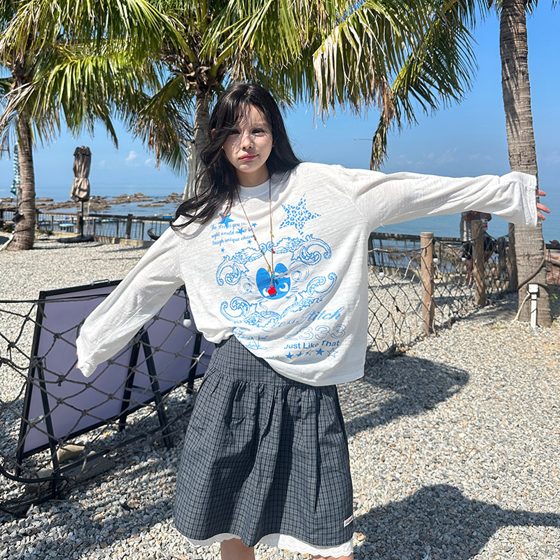 涂鸦印花长袖罩衫T恤女网纱上衣t