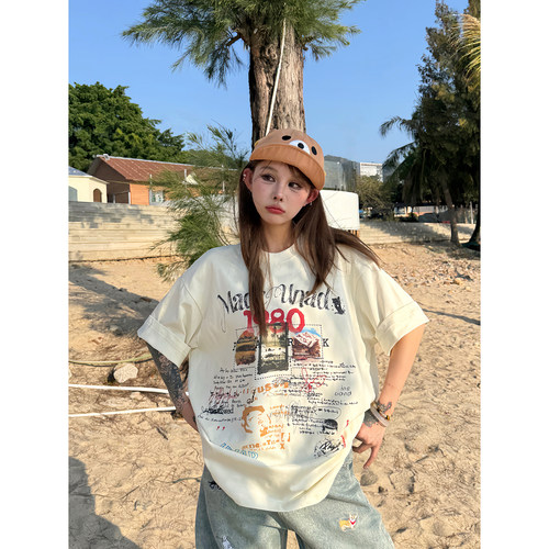 复古涂鸦印花短袖T恤女夏宽松t恤