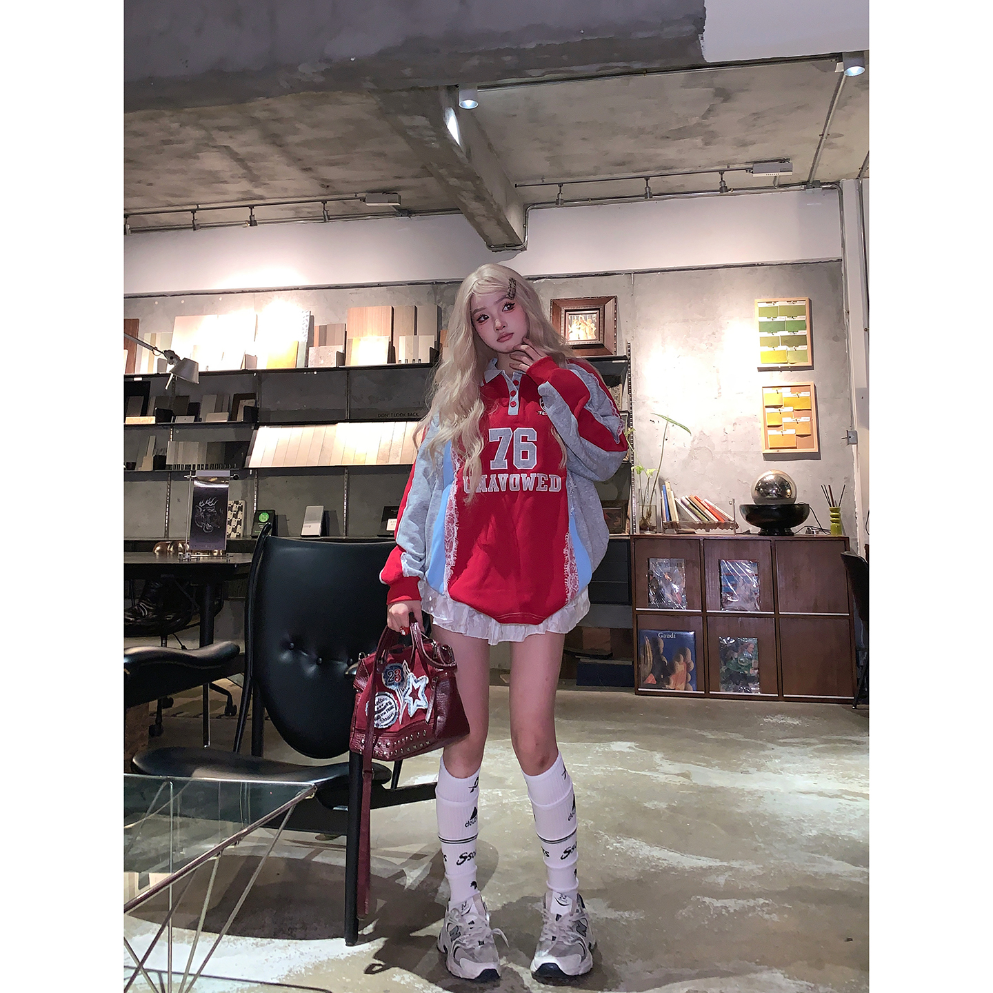运动红色polo衫蕾丝拼接卫衣女潮