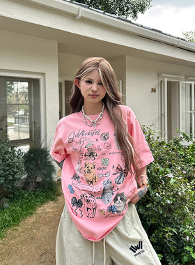 Sixminu小蚊子2025ss美式宽松圆领纯棉短袖蝴蝶印花情侣显白T恤女