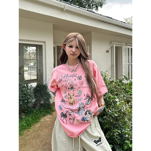 Sixminu小蚊子2025ss美式 蝴蝶印花情侣显白T恤女 宽松圆领纯棉短袖