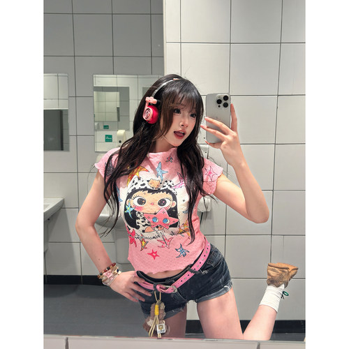多巴胺卡通涂鸦T恤女修身罩衫