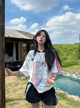 Sixminu 美式复古kitty猫球衣短袖T恤女宽松V领拼接上衣双面印花t