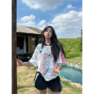 Sixminu T恤女宽松V领拼接上衣双面印花t 美式 复古kitty猫球衣短袖