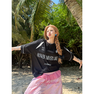 女宽松字母印花情侣纯棉T恤女运动t 街头嘻哈拼接短袖 Sixminu 美式