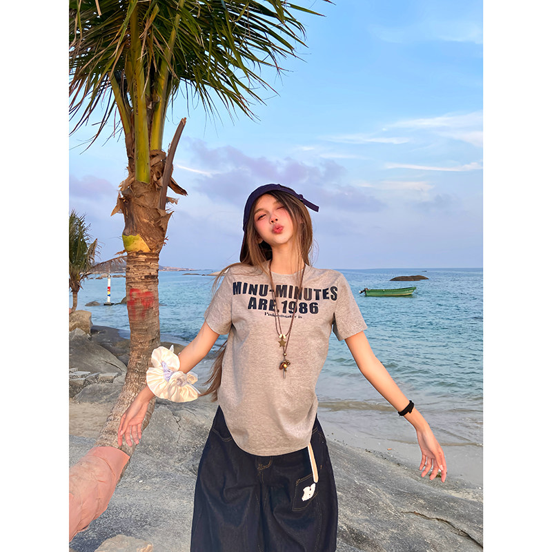 Sixminu美式复古正肩短袖t恤女夏季纯棉字母印花宽松防紫外线上衣