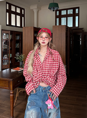 美式复古红色格子衬衫情侣宽松衬衣女长袖开衫防晒衫上衣女t外套