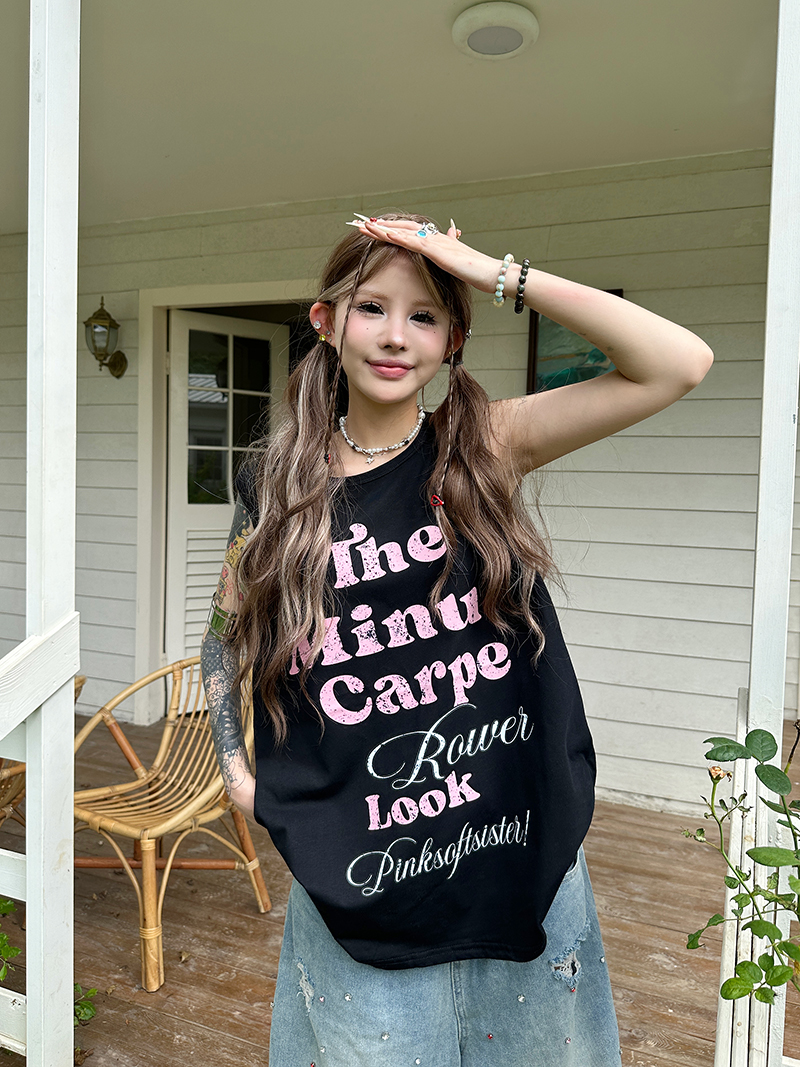 无袖其他印花背心潮短袖