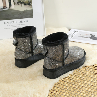水钻满天星厚底雪地靴女2025冬季全羊毛短靴保暖防滑皮毛一体棉鞋