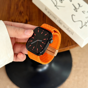 高颜值苹果手表表带橘橙色尼龙编织磁吸秋冬款适用se版ultras3S11