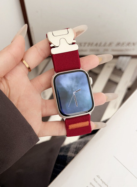 苹果手表表带女款酒红色尼龙编织表带applewatch适用S11降落伞扣
