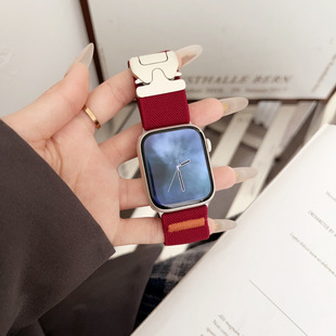苹果手表表带女款酒红色尼龙编织表带applewatch适用S11降落伞扣