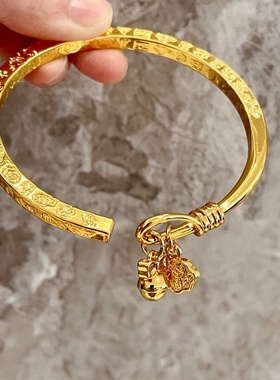 中式国潮吉言镯子新款百搭开口实心女友铃铛礼物如意福吉言手镯