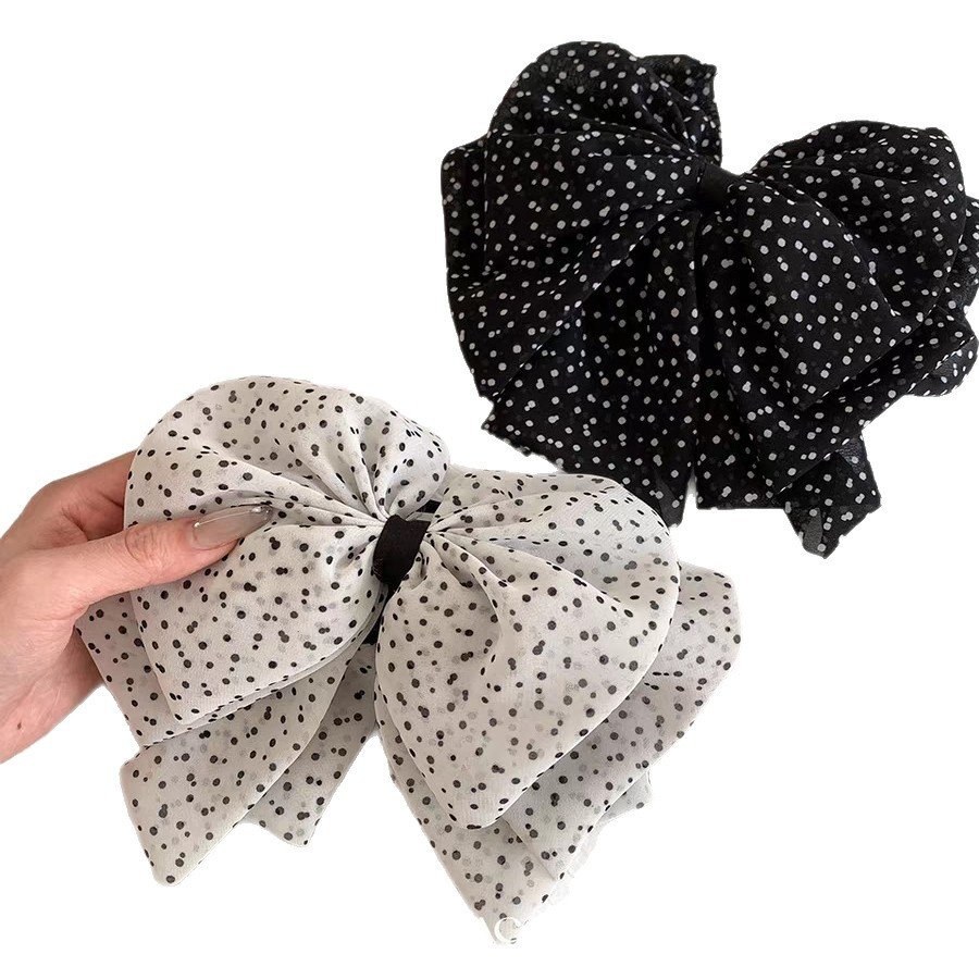 2025新款法式复古氛围感波点雪纺蝴蝶结气质发夹女后脑勺盘发抓夹